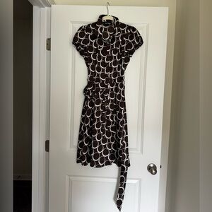 Vintage brown and white silky polka dot midi dress